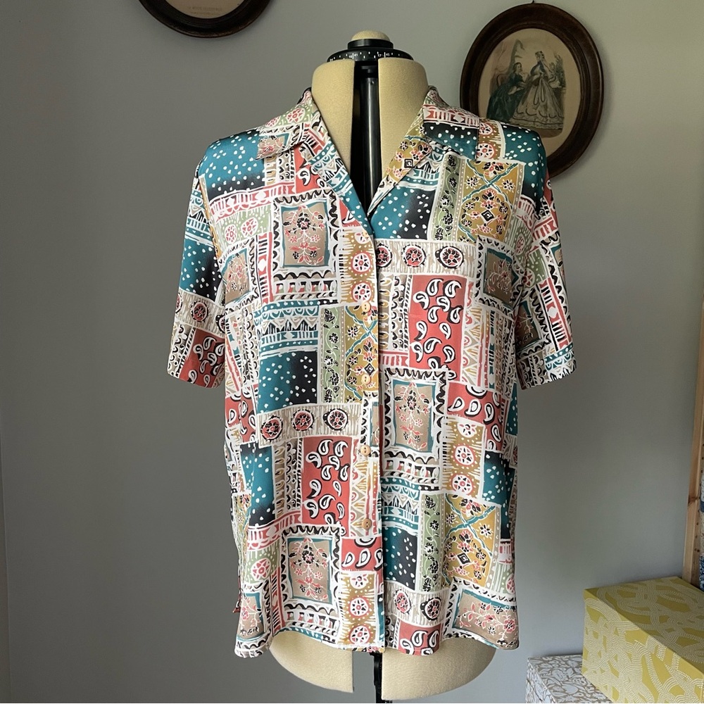 Vintage 1990s Patchwork Pattern Button Down Blouse - image 3